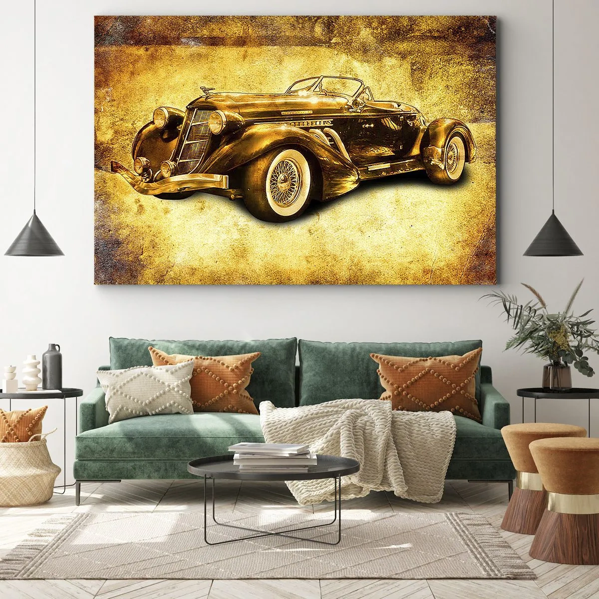 Obraz na plátne - Klasický zlatý retro kabriolet na vintage pozadí v teplých farbách. - 70x50cm - Elita elít - Moderná nástenná dekorácia do obývacej izby a spálne ARTTOR