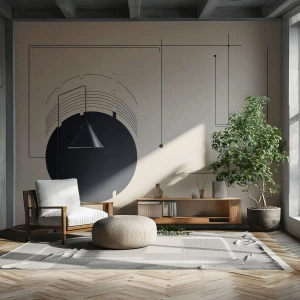 Fototapeta Standard Eco - Čierny kruhový tvar s geometrickými čiarami na béžovom pozadí - 100x70cm - Pružná a dynamická kompozícia - Moderná nástenná dekorácia do obývacej izby a spálne ARTTOR