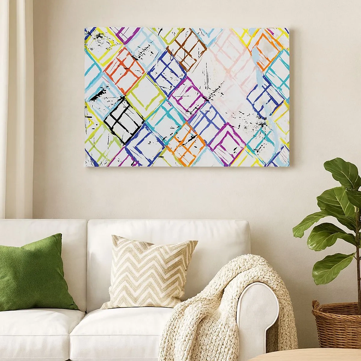 Obraz na plátne - Farebná abstrakcia s geometrickými tvarmi na bielom pozadí - 70x50cm - Bunky na prenájom - Moderná nástenná dekorácia do obývacej izby a spálne ARTTOR
