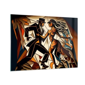 Obraz na skle - Štylizovaný pár tancujúci v dynamickej abstraktnej forme. - 70x50cm - Tanec vrelosti a vášne - Moderná nástenná dekorácia do obývacej izby a spálne ARTTOR