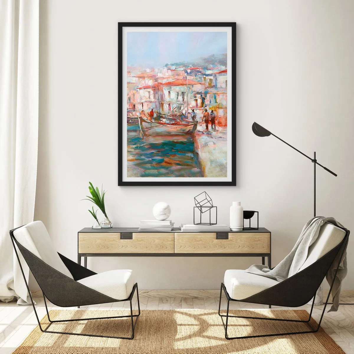 Plagát v čiernom ráme - Malebný prístav v pastelových farbách - 50x70cm - Pastelová dovolenka - Moderná nástenná dekorácia do obývacej izby a spálne ARTTOR