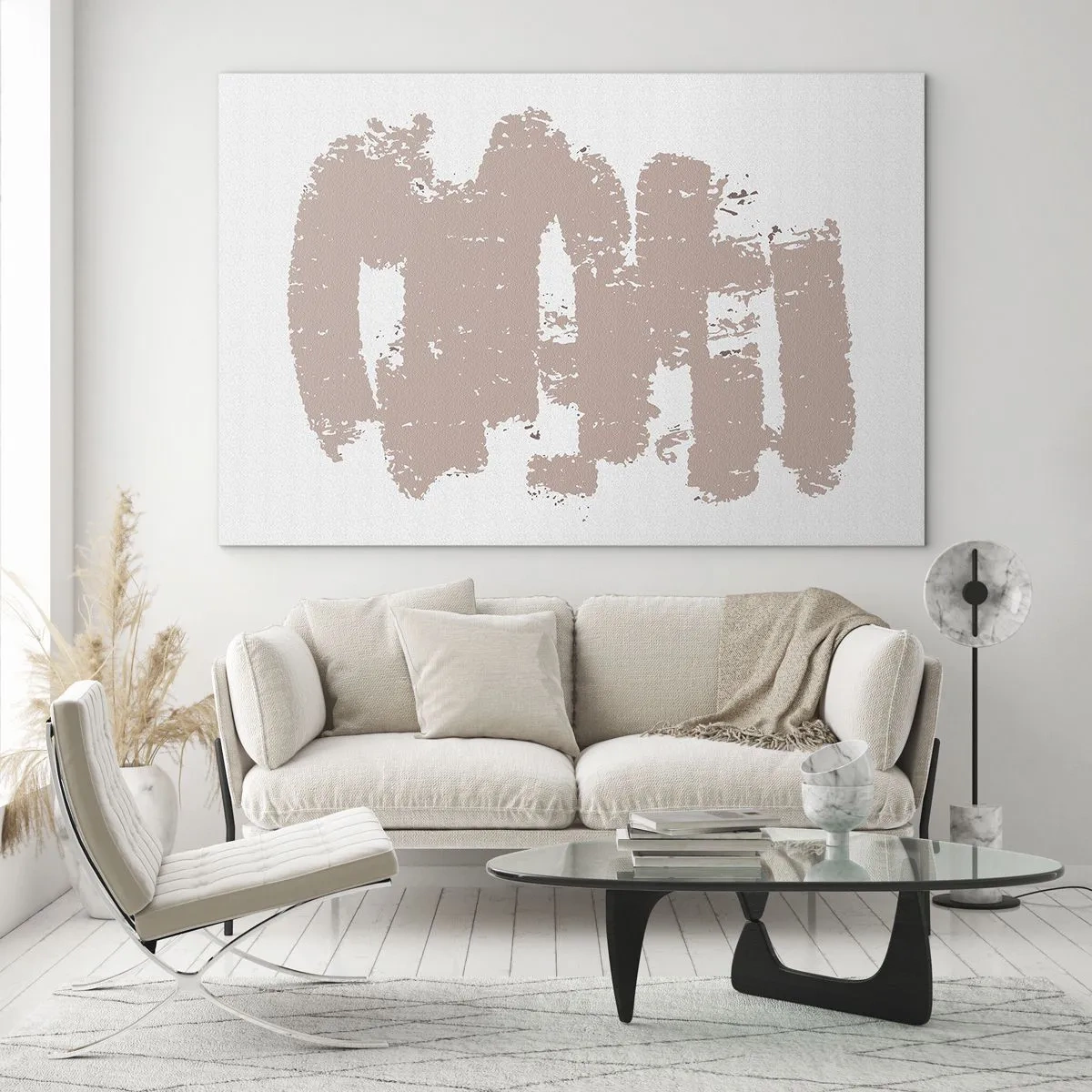 Obraz na skle - Ružové ťahy farby na bielom pozadí - 70x50cm - Abstrakcia v jemnej ružovej - Moderná nástenná dekorácia do obývacej izby a spálne ARTTOR
