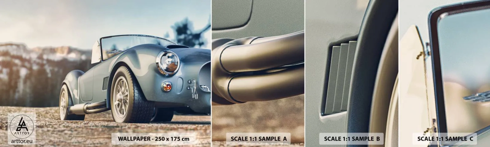 Vzorka samolepiacej fototapety Deluxe Sticker - Pretože na štýle záleží - Auto, Kabriolet, Výlet - 100x30 cm