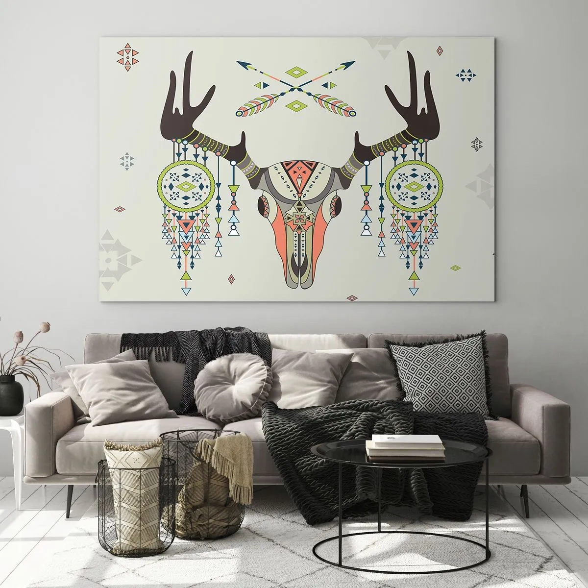Obraz na skle - Symbolické rohy a vzory pôvodných Američanov na svetlom pozadí - 70x50cm - Trofej indiánskeho lovca - Moderná nástenná dekorácia do obývacej izby a spálne ARTTOR