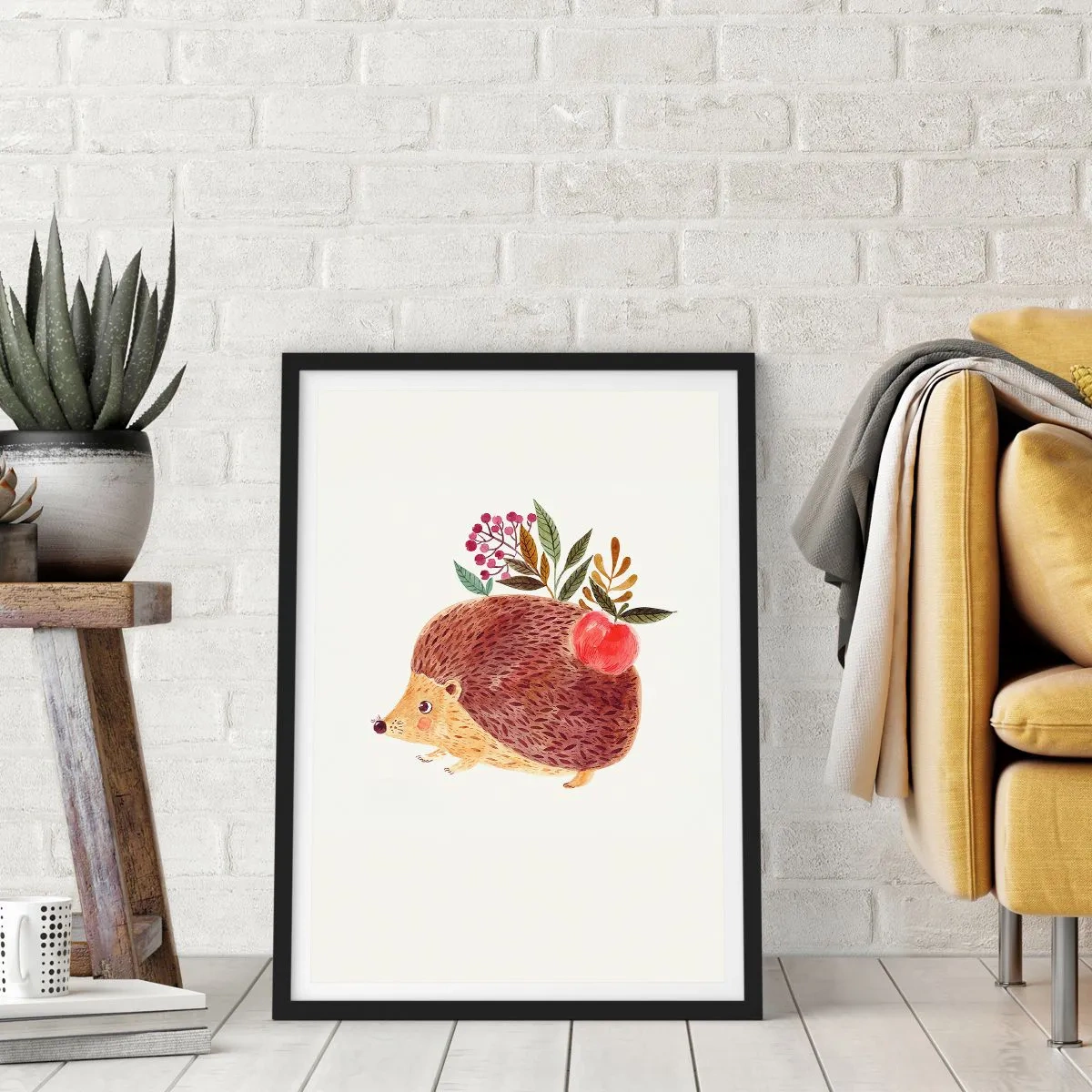 Plagát v čiernom ráme - Roztomilý ježko s jablkom a vetvičkami na svetlom pozadí - 50x70cm - A už ma máš rád - Moderná nástenná dekorácia do obývacej izby a spálne ARTTOR