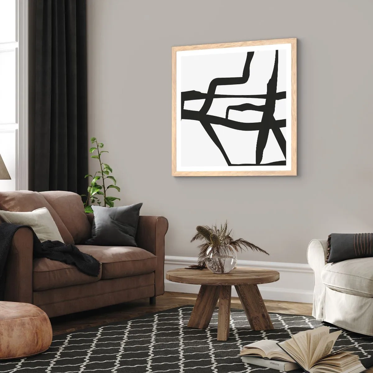 Plagát v ráme zo svetlého duba - Čiernobiela konštrukcia - 60x60 cm