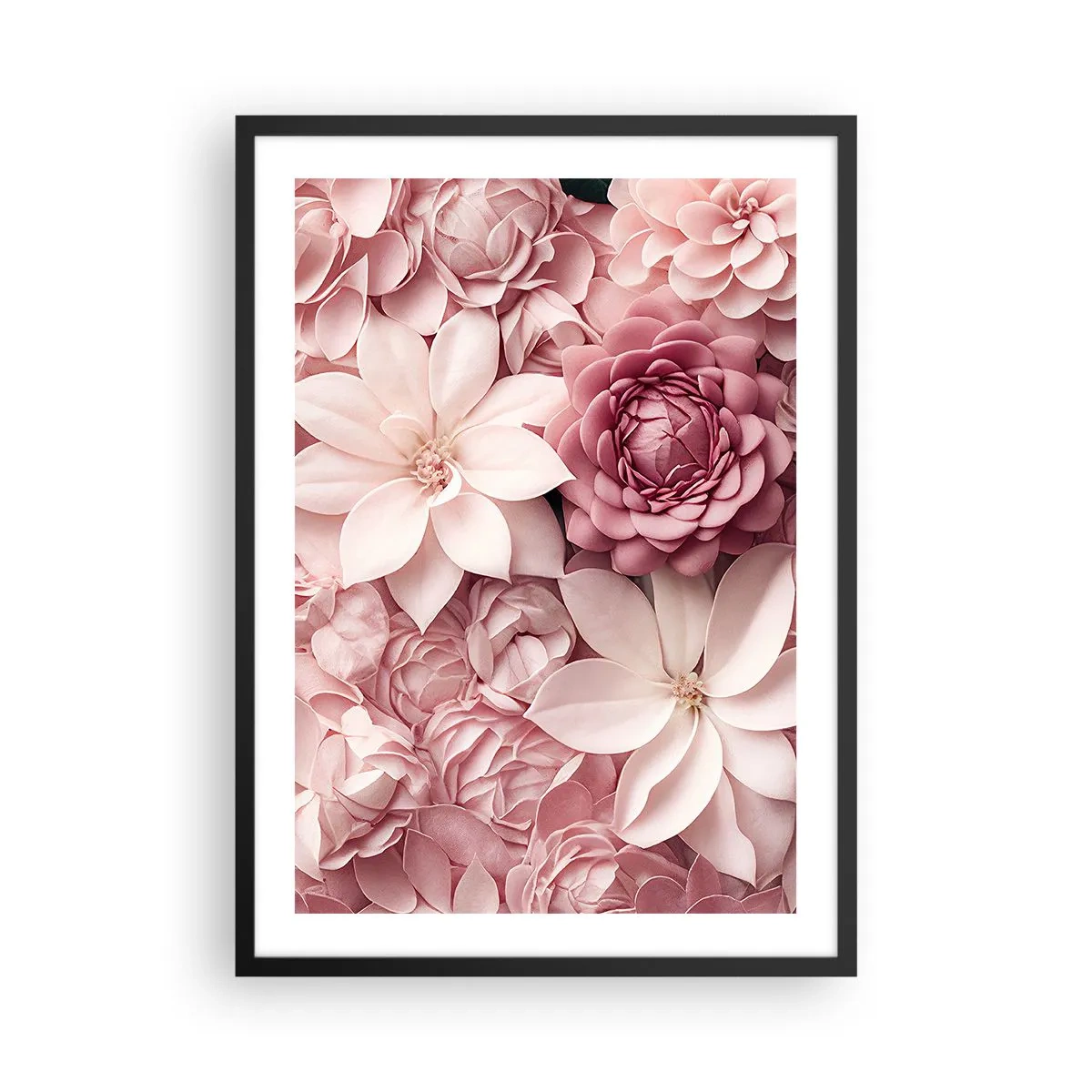 Plagát v čiernom ráme - Ružové kvety v elegantnej kompozícii - 50x70cm - V ružových okvetných lístkoch - Moderná nástenná dekorácia do obývacej izby a spálne ARTTOR