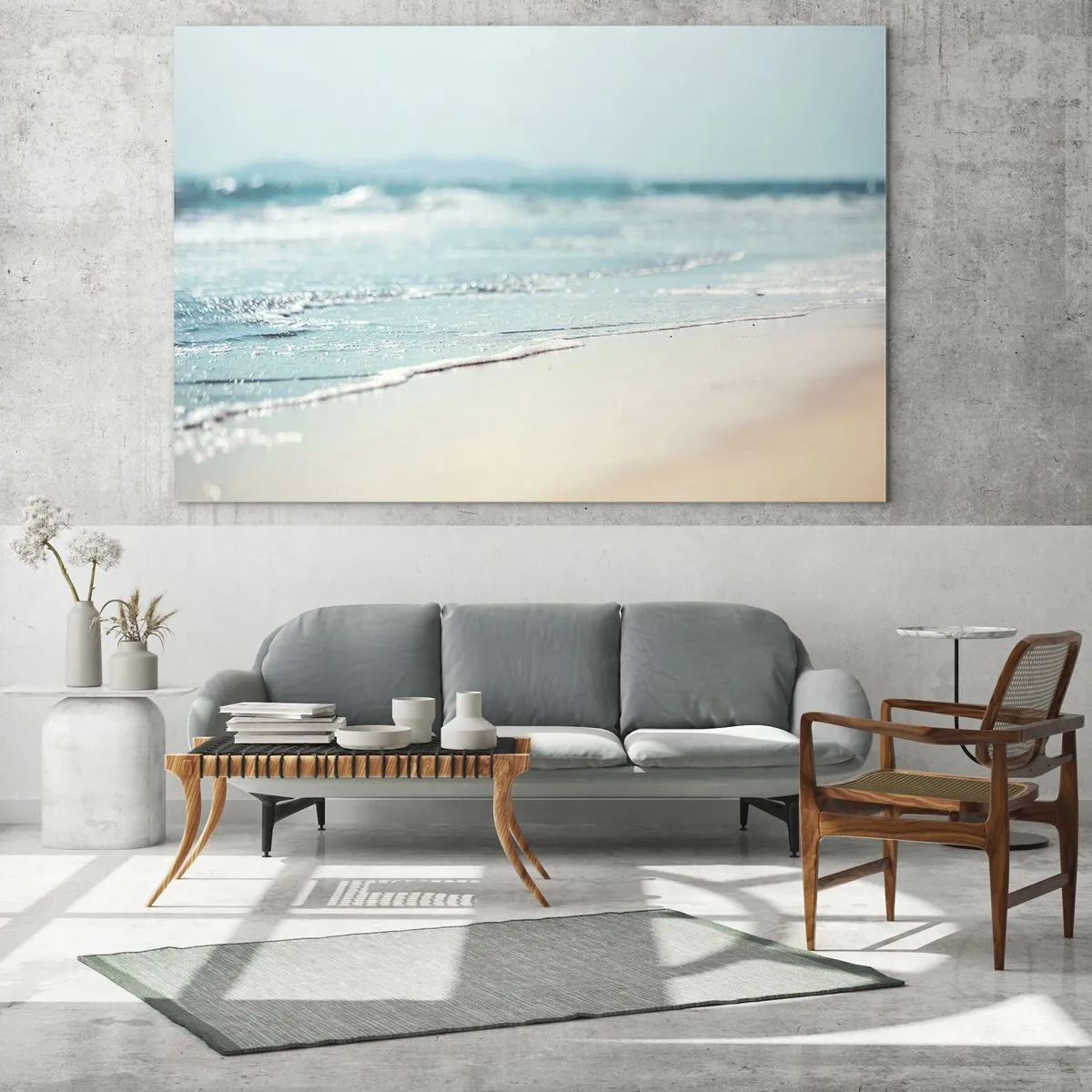 Obraz na skle - Jemné oceánske vlny omývajú piesočnatú pláž - 70x50cm - Teplo a hluk - Moderná nástenná dekorácia do obývacej izby a spálne ARTTOR
