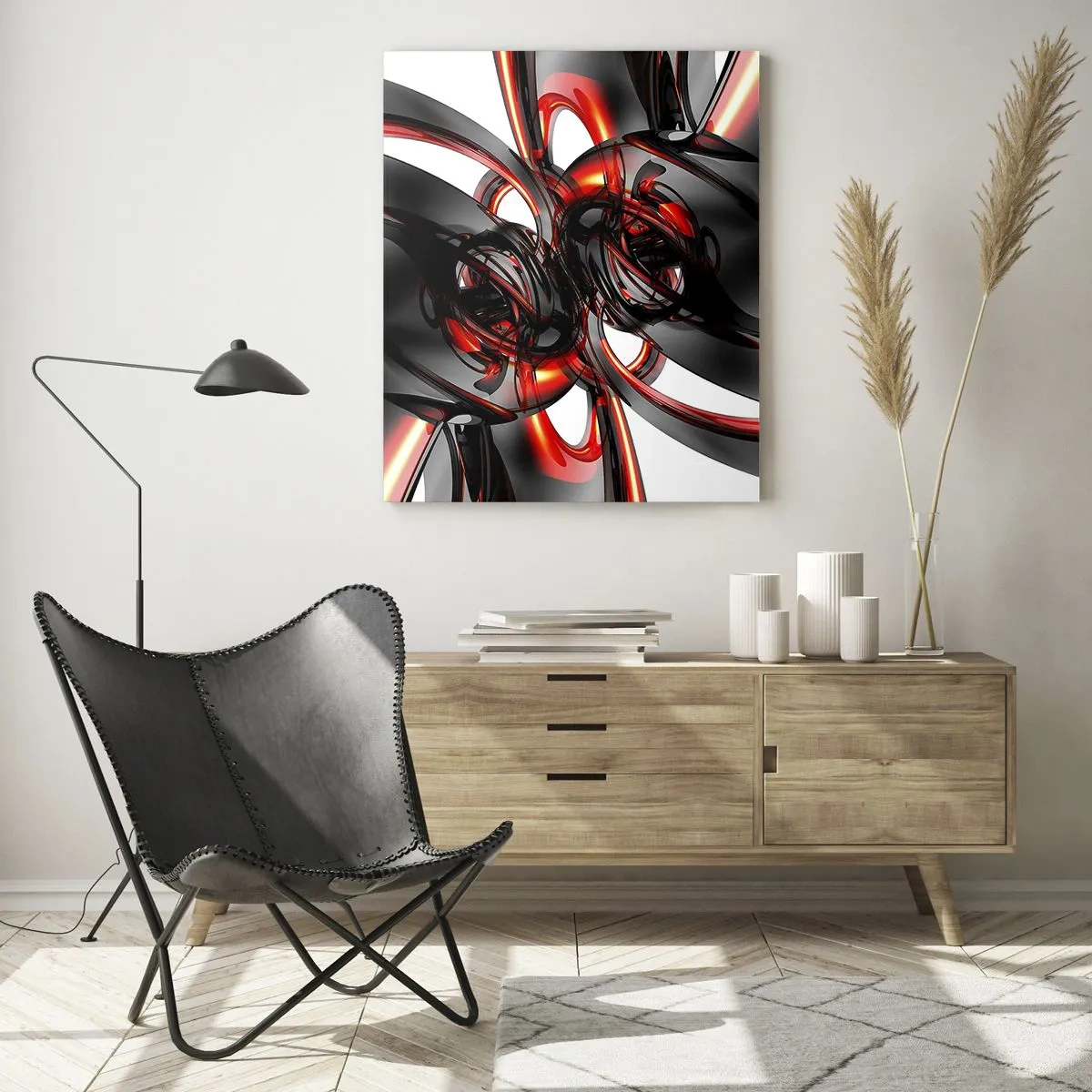 Obraz na skle - Pohyb v grafitovej a červenej - 50x70 cm