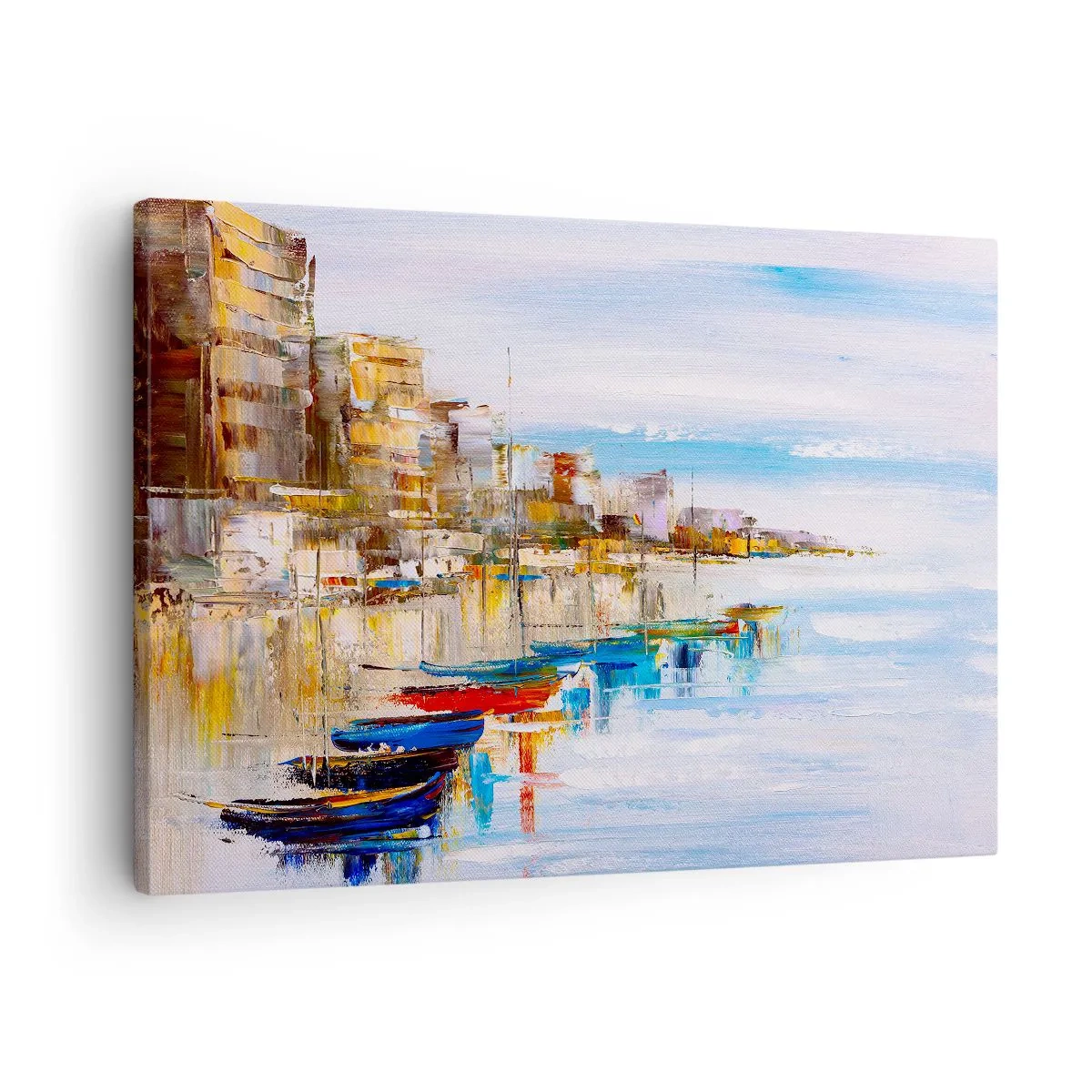 Obraz na plátne - Farebné lode na brehu s výhľadom na panorámu mesta - 70x50cm - Viacfarebný mestský prístav - Moderná nástenná dekorácia do obývacej izby a spálne ARTTOR