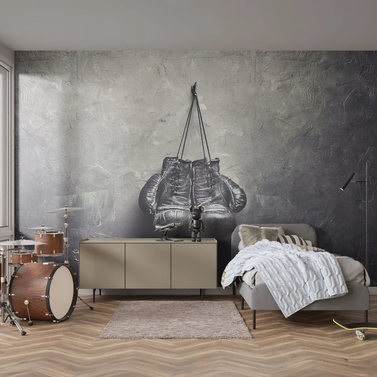 Fototapeta Standard Eco - Čierne boxerské rukavice zavesené na stene - 100x70cm - Čas boja a čas mieru - Moderná nástenná dekorácia do obývacej izby a spálne ARTTOR