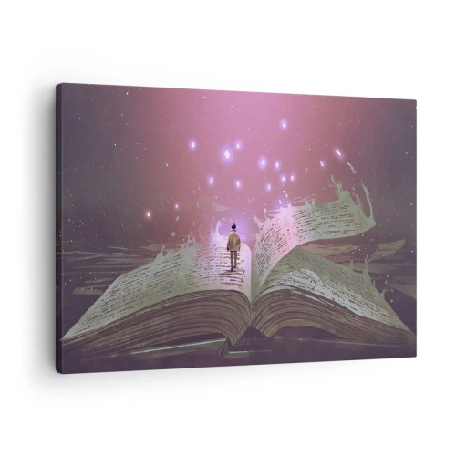 Obraz na plátne - Postava stúpi na otvorenú knihu v magickom svetle. - 70x50cm - Pozvánka do iného sveta - prečítaj! - Moderná nástenná dekorácia do obývacej izby a spálne ARTTOR