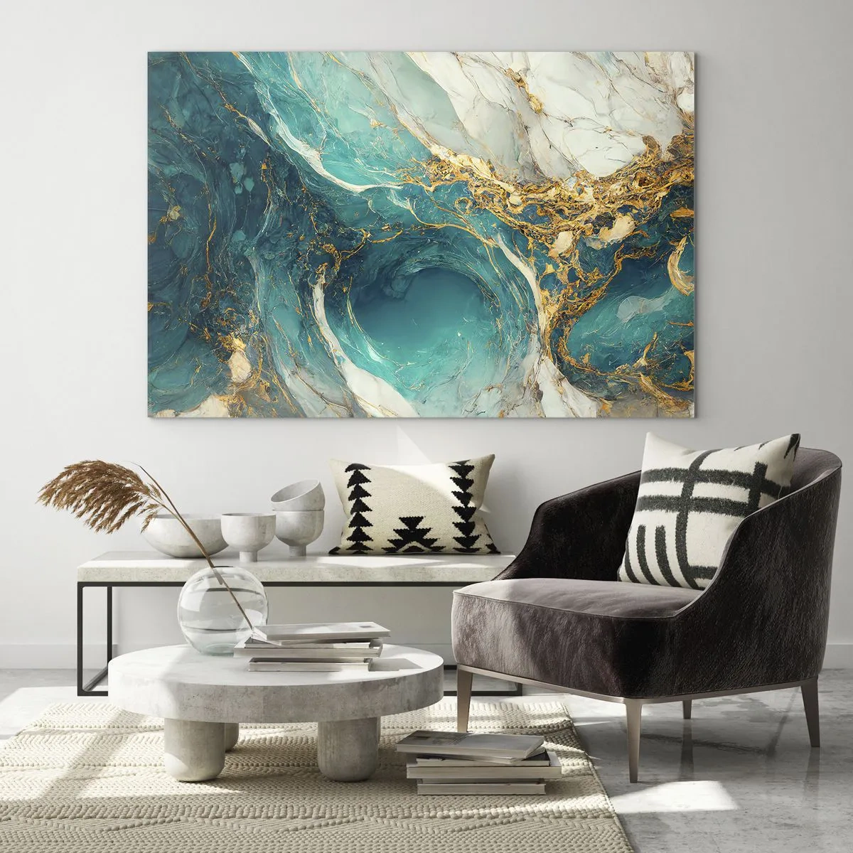 Obraz na skle - Abstraktná kompozícia s tyrkysovými a zlatými žilami - 70x50cm - Kompozícia so zlatými žilami - Moderná nástenná dekorácia do obývacej izby a spálne ARTTOR