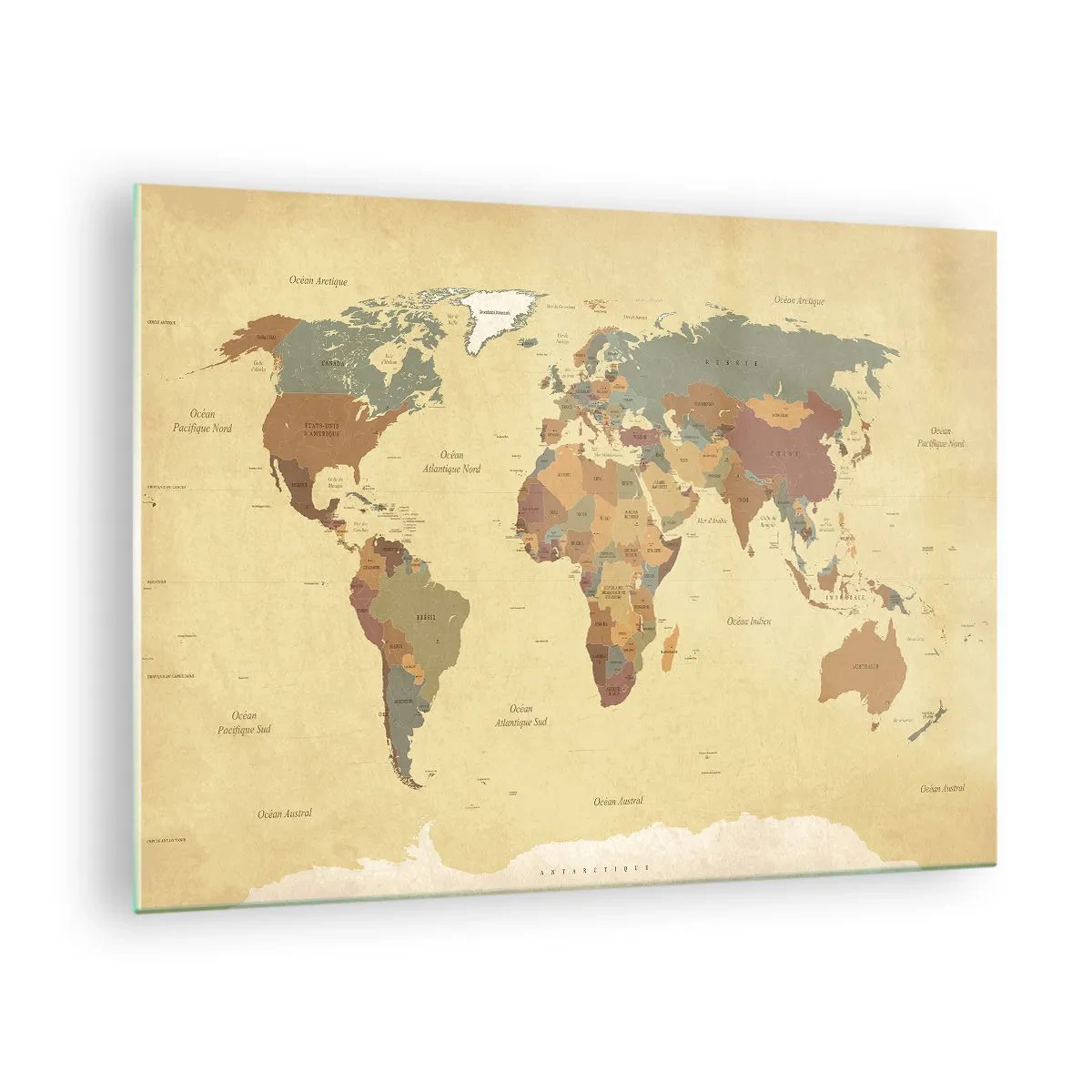 Obraz na skle - Mapa sveta v odtieňoch béžovej a hnedej na vintage pozadí. - 70x50cm - Pre teba - celý svet - Moderná nástenná dekorácia do obývacej izby a spálne ARTTOR