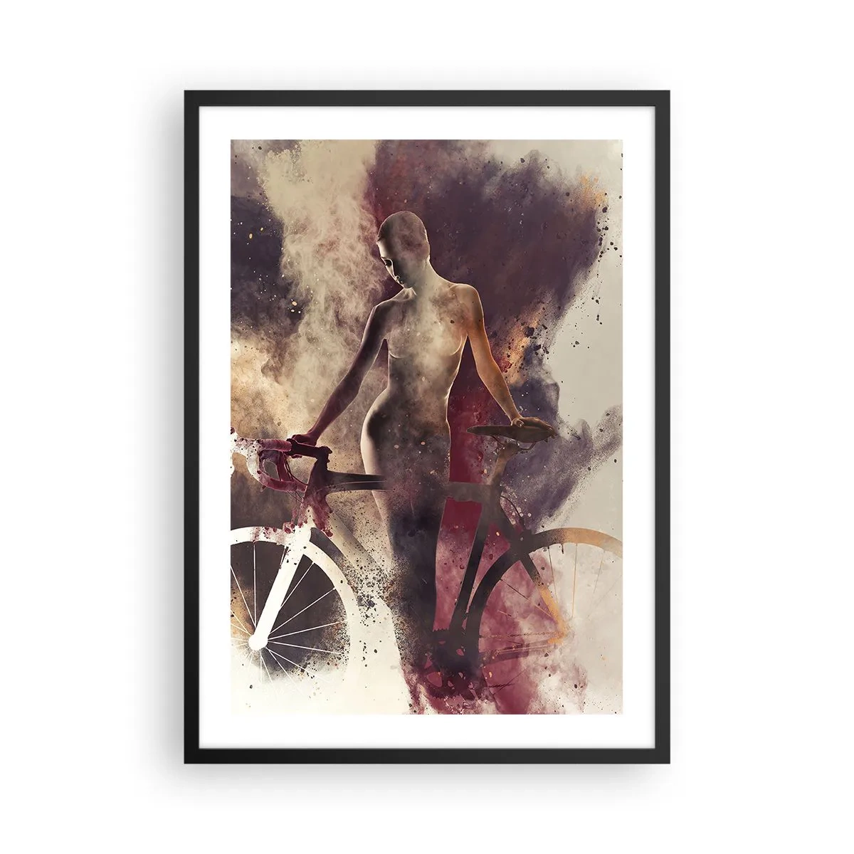 Plagát v čiernom ráme - Silueta ženy s bicyklom na umeleckom, dymovom pozadí - 50x70cm - Cyklistická duša v mramorových tvaroch - Moderná nástenná dekorácia do obývacej izby a spálne ARTTOR