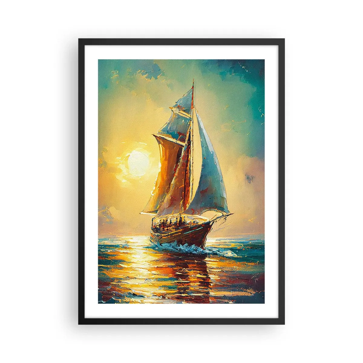 Plagát v čiernom ráme - Plachetnica na pozadí zlatého západu slnka - 50x70cm - Pod plnými plachtami - Moderná nástenná dekorácia do obývacej izby a spálne ARTTOR