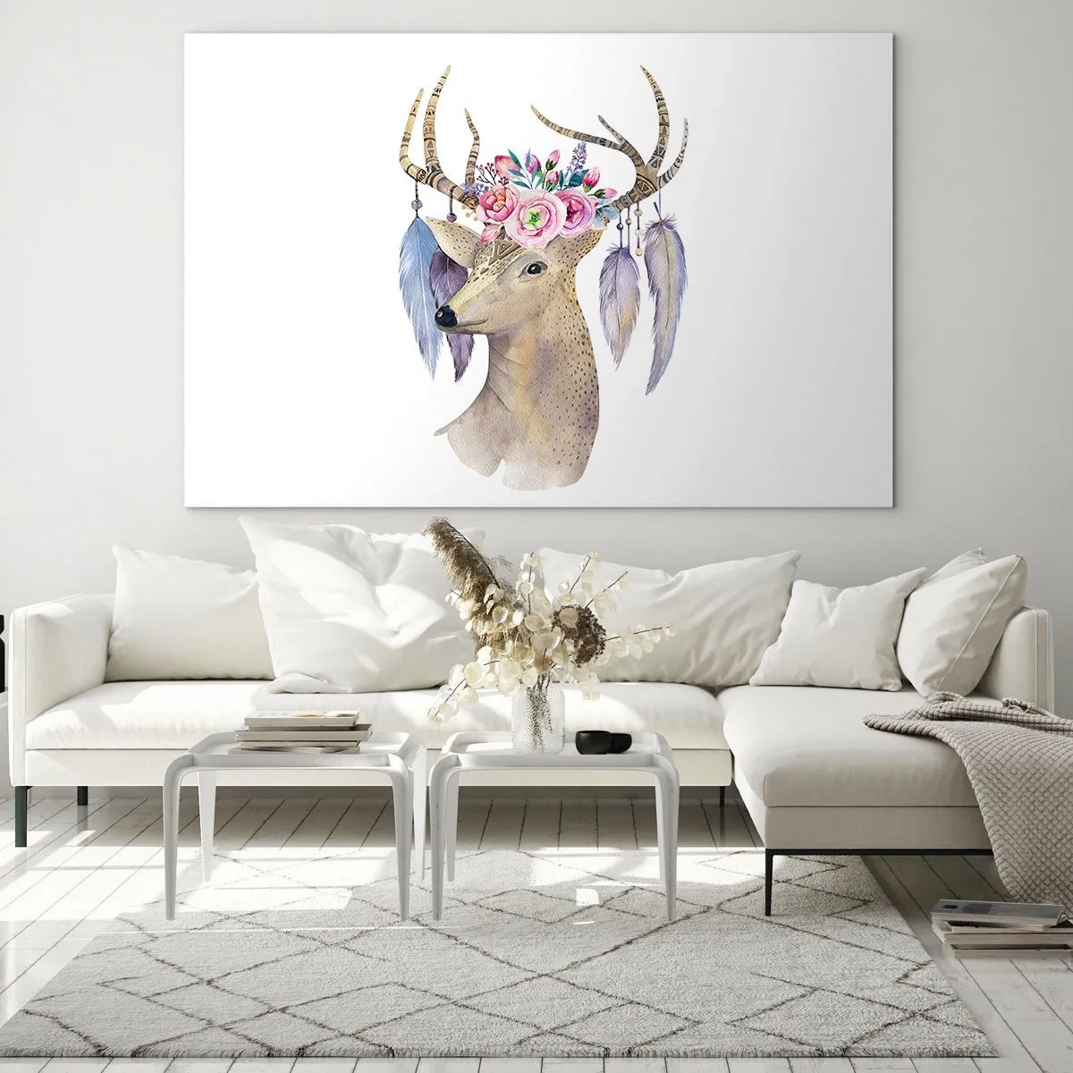 Obraz na skle - Jeleň s kvetinovým vencom a perím - 70x50cm - Sprievodca duše - jemný, nevinný - Moderná nástenná dekorácia do obývacej izby a spálne ARTTOR