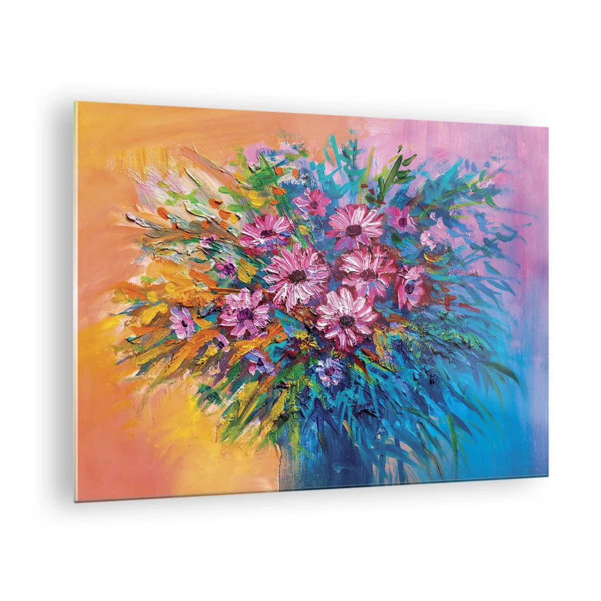 Obraz na skle - Kytica ružových kvetov v umeleckej, farebnej kompozícii - 70x50cm - Energia života - Moderná nástenná dekorácia do obývacej izby a spálne ARTTOR