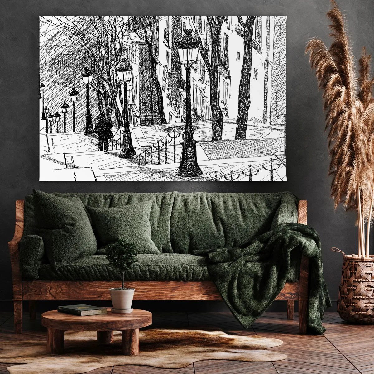 Obraz na plátne - Ulica s lampami a ľudskou siluetou v technike náčrtu - 70x50cm - Milostný príbeh alebo horor? - Moderná nástenná dekorácia do obývacej izby a spálne ARTTOR