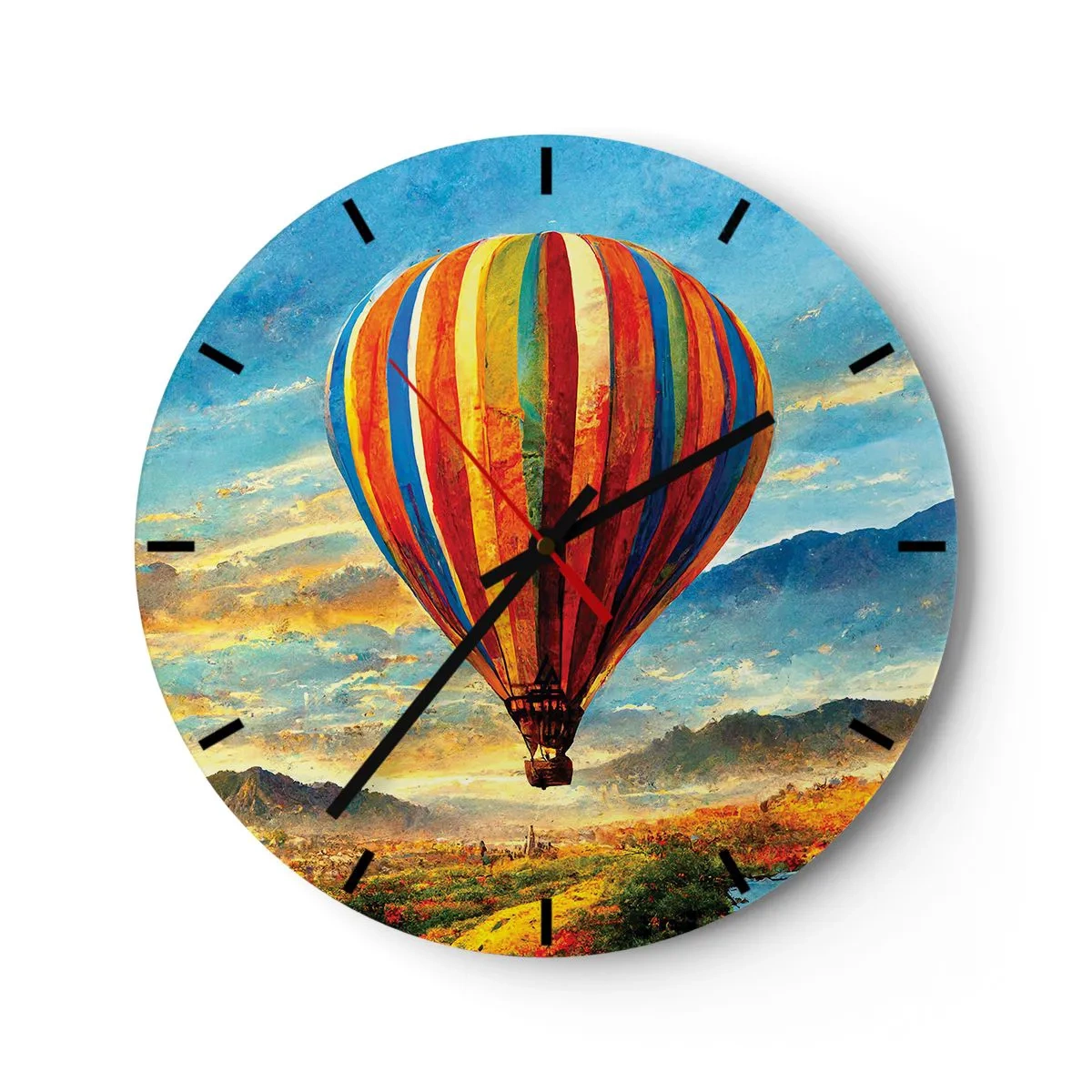 Nástenné hodiny - Farebný balón na pozadí horskej krajiny pri východe slnka - 30x30cm - V tichu je toho vidieť viac - Moderná nástenná dekorácia do obývacej izby, kuchyne a spálne ARTTOR