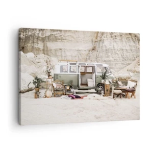 Obraz na plátne - Retro karavan s boho dizajnom na pozadí skalnatej krajiny. - 70x50cm - Cesta práve začína - Moderná nástenná dekorácia do obývacej izby a spálne ARTTOR