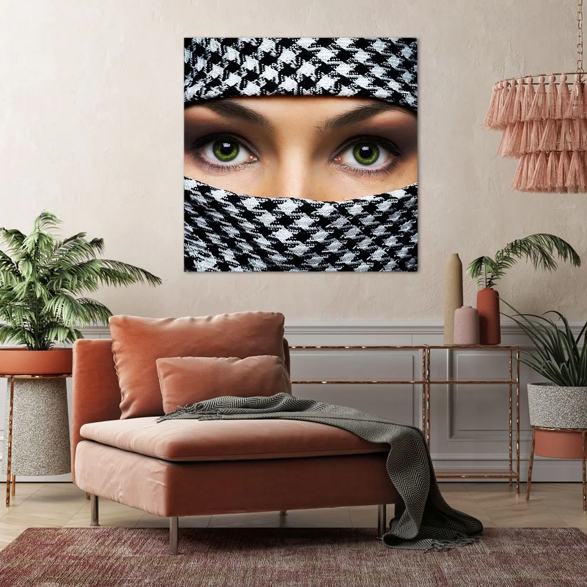Obraz na plátne - Portrét zahalenej zelenookej krásky - 70x70 cm