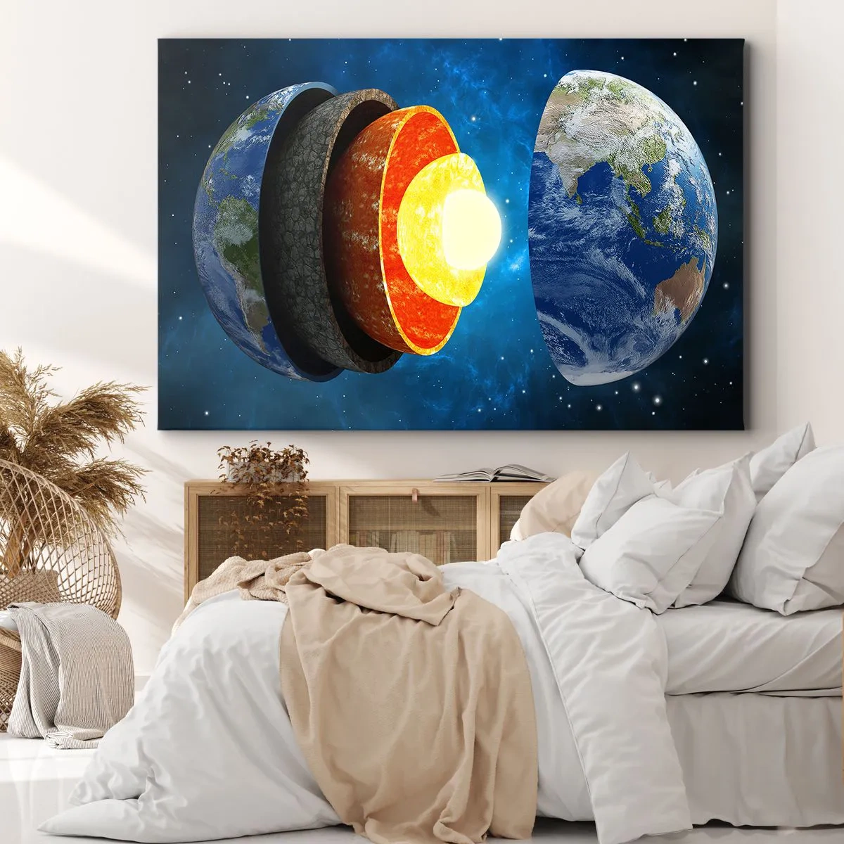 Obraz na plátne - Prierez Zeme zobrazujúci jej vrstvy vo vesmíre. - 70x50cm - Výprava do stredu Zeme - Moderná nástenná dekorácia do obývacej izby a spálne ARTTOR