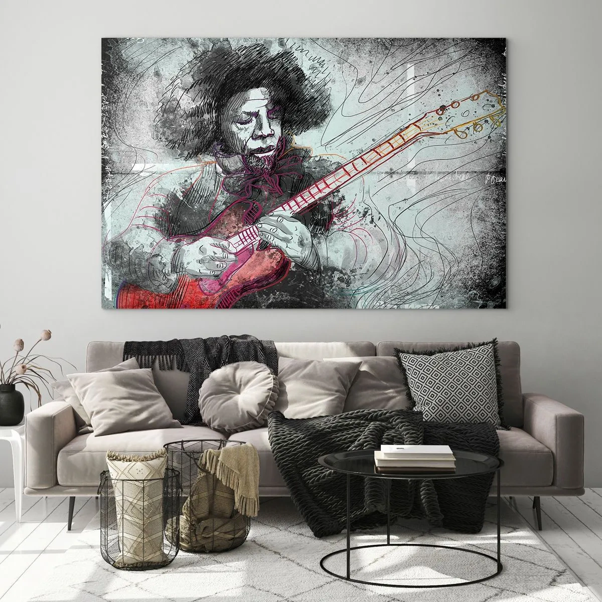 Obraz na skle - Umelecký portrét hudobníka s elektrickou gitarou - 70x50cm - Na vlnách hudby - Moderná nástenná dekorácia do obývacej izby a spálne ARTTOR