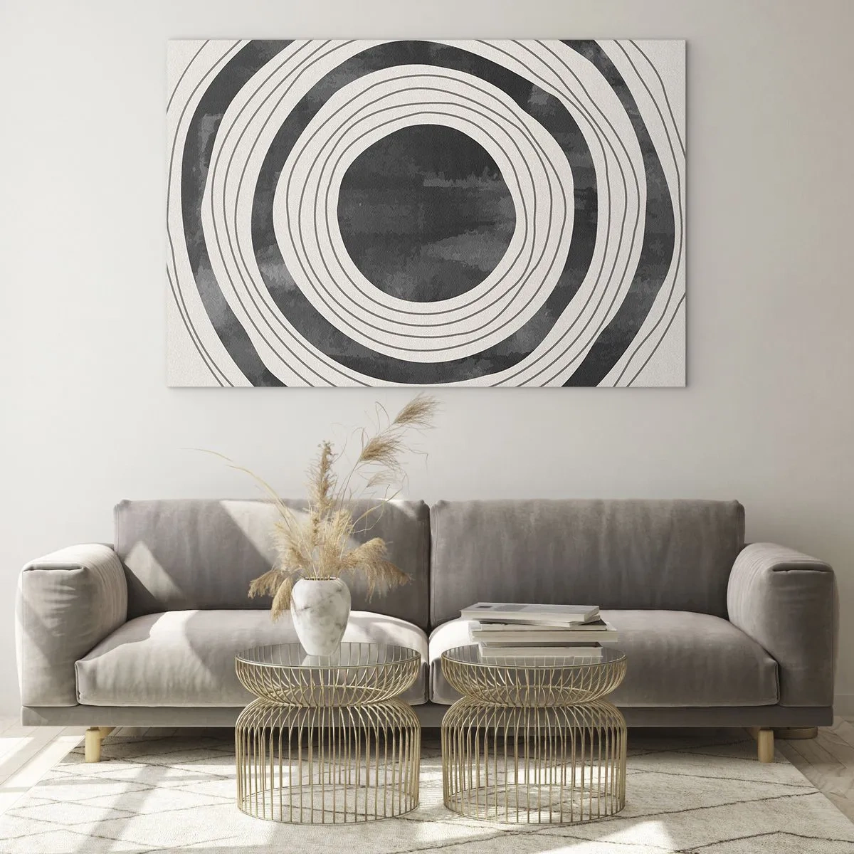 Obraz na skle - Čiernobiele sústredné kruhy s nepravidelnými obrysmi - 70x50cm - Presný zásah - Moderná nástenná dekorácia do obývacej izby a spálne ARTTOR