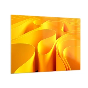 Obraz na skle - Abstraktné vlny v odtieňoch zlatej a oranžovej - 70x50cm - Ako slnečné vlny - Moderná nástenná dekorácia do obývacej izby a spálne ARTTOR