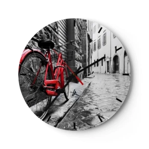 Nástenné hodiny - Červený bicykel na pozadí čiernobielej ulice - 30x30cm - Skutočná krása nestarne - Moderná nástenná dekorácia do obývacej izby, kuchyne a spálne ARTTOR