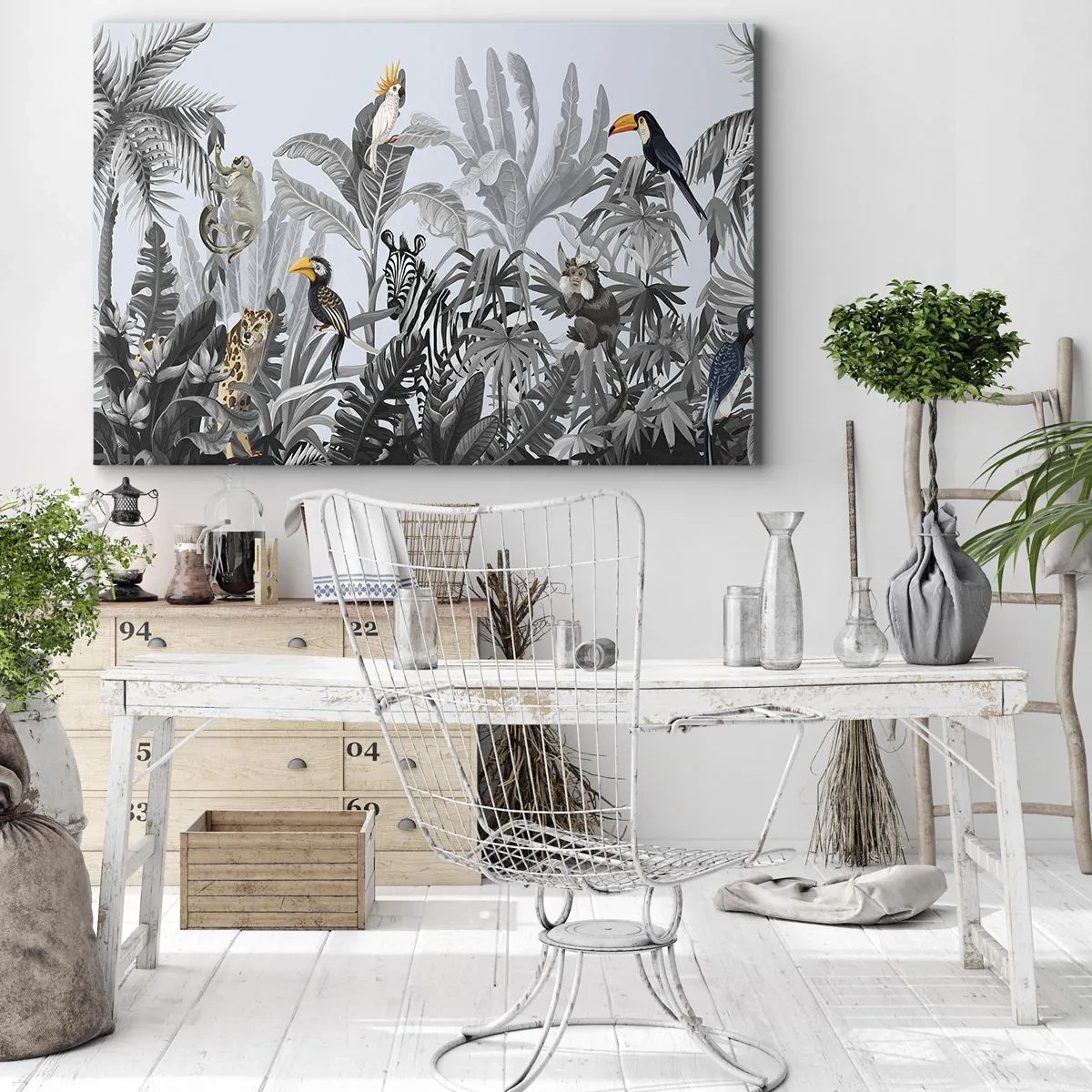 Obraz na plátne - Tropická džungľa s exotickými zvieratami na sivom pozadí - 70x50cm - Africká rozprávka - Moderná nástenná dekorácia do obývacej izby a spálne ARTTOR