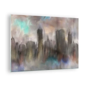 Obraz na skle - Abstraktný obraz mesta s mrakodrapmi - 70x50cm - Kompozícia z ocele, kameňa a hmly - Moderná nástenná dekorácia do obývacej izby a spálne ARTTOR