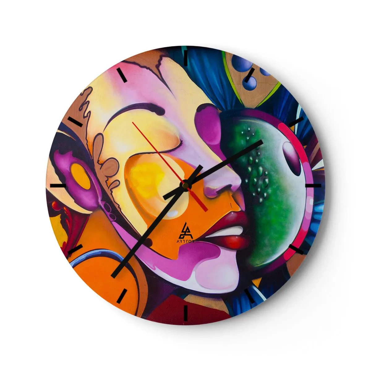 Nástenné hodiny - Abstraktný portrét v žiarivých farbách so surrealistickými tvarmi. - 30x30cm - Dotknúť sa farbou - Moderná nástenná dekorácia do obývacej izby, kuchyne a spálne ARTTOR