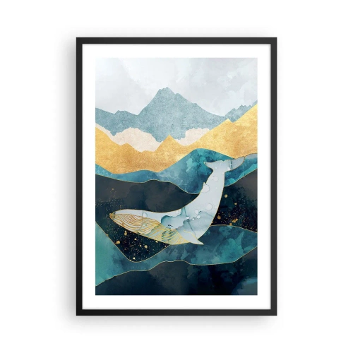 Plagát v čiernom ráme - Abstraktná veľryba plávajúca medzi zlatými vlnami. - 50x70cm - Chladná krása severu - Moderná nástenná dekorácia do obývacej izby a spálne ARTTOR