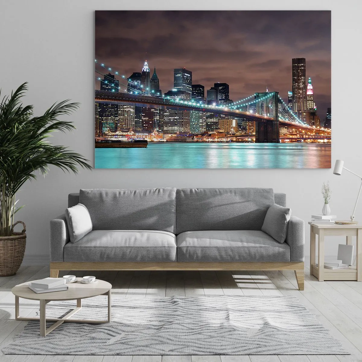 Obraz na skle - Nočná panoráma mesta s osvetleným mostom - 70x50cm - Svetlá veľkomesta - Moderná nástenná dekorácia do obývacej izby a spálne ARTTOR