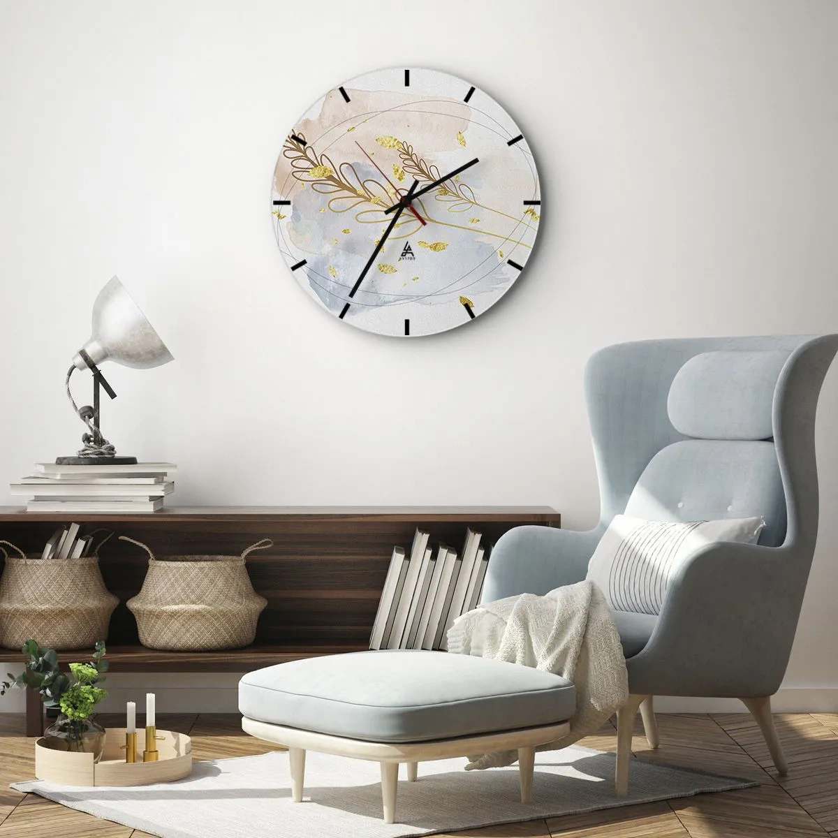 Nástenné hodiny - Jemný kvetinový motív so zlatými akcentmi v akvarelovej farbe - 30x30cm - Zlatý závan - Moderná nástenná dekorácia do obývacej izby, kuchyne a spálne ARTTOR