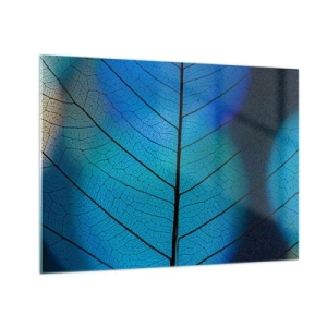 Obraz na skle - Detailný záber modrého listu zobrazujúci štruktúru žíl. - 70x50cm - Až do detailov - Moderná nástenná dekorácia do obývacej izby a spálne ARTTOR