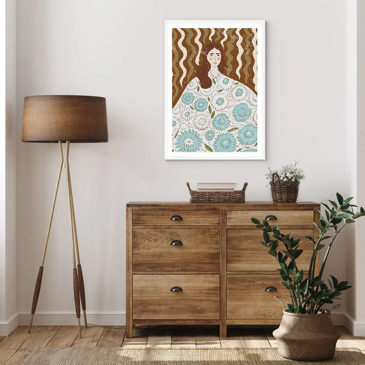 Plagát v bielom ráme - Portrét v kvetinovom rúchu - 70x100 cm