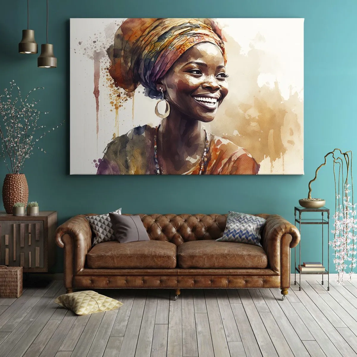 Obraz na plátne - Portrét usmievavej ženy v farebnej šatke v akvarelovom štýle - 70x50cm - Africká kráľovná - Moderná nástenná dekorácia do obývacej izby a spálne ARTTOR