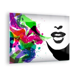 Obraz na skle - Farebná abstrakcia so ženským profilom a farebnými škvrnami. - 70x50cm - Rozprávanie vo farbách dúhy - Moderná nástenná dekorácia do obývacej izby a spálne ARTTOR