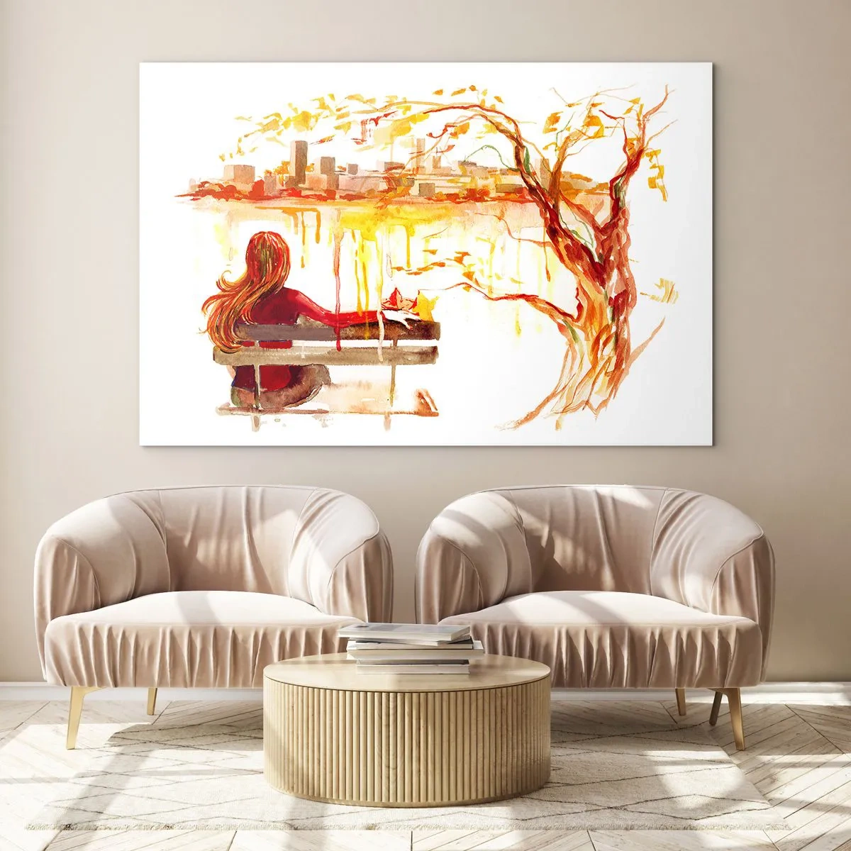 Obraz na skle - Postava na lavičke s výhľadom na mesto v akvarelovej farbe - 70x50cm - Okamih zamyslenia - Moderná nástenná dekorácia do obývacej izby a spálne ARTTOR