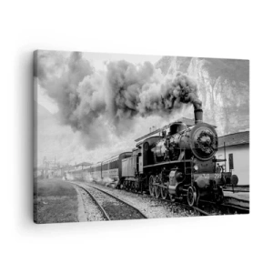 Obraz na plátne - Čiernobiela parná lokomotíva na pozadí horskej krajiny - 70x50cm - Stojí na stanici… - Moderná nástenná dekorácia do obývacej izby a spálne ARTTOR