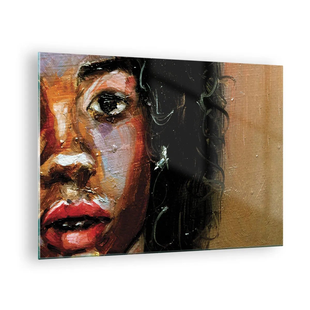 Obraz na skle - Fragment farebného portrétu ženy v maliarskom štýle - 70x50cm - Čierna a jas - Moderná nástenná dekorácia do obývacej izby a spálne ARTTOR