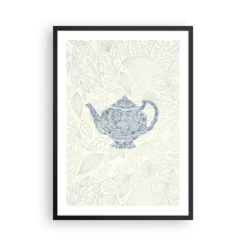 Plagát v čiernom ráme - Dekoratívna ilustrácia čajníka s jemným vzorom na svetlom pozadí. - 50x70cm - Čajové kúzlo - Moderná nástenná dekorácia do obývacej izby a spálne ARTTOR