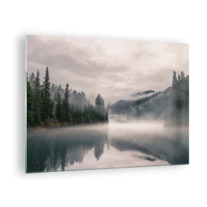 Obraz na skle - Ranný pohľad na jazero v lese, zahalené v hmle - 70x50cm - V zamyslení, v hmle - Moderná nástenná dekorácia do obývacej izby a spálne ARTTOR