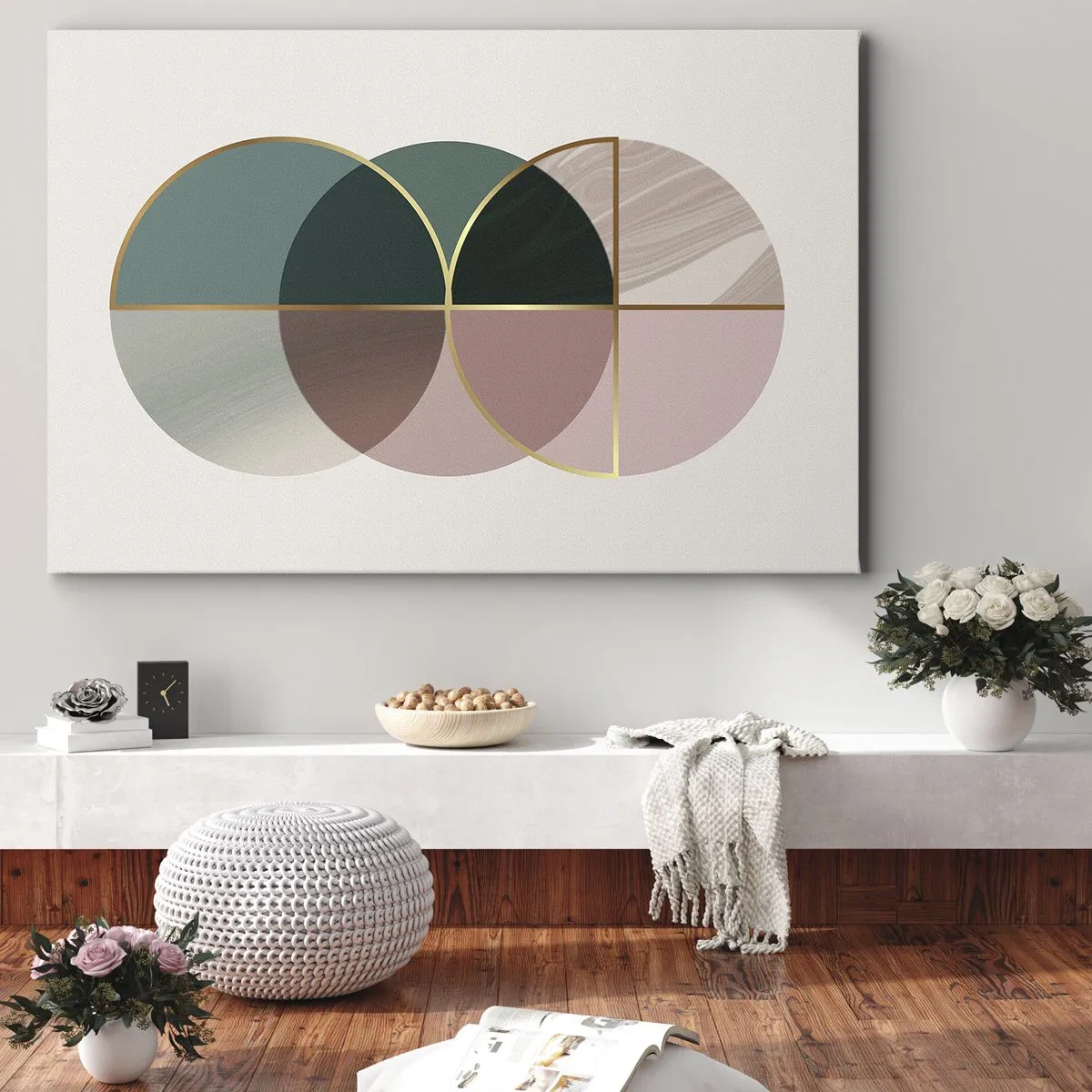 Obraz na plátne - Abstraktná kompozícia geometrických tvarov a zlatých čiar. - 70x50cm - Kolesá… - Moderná nástenná dekorácia do obývacej izby a spálne ARTTOR