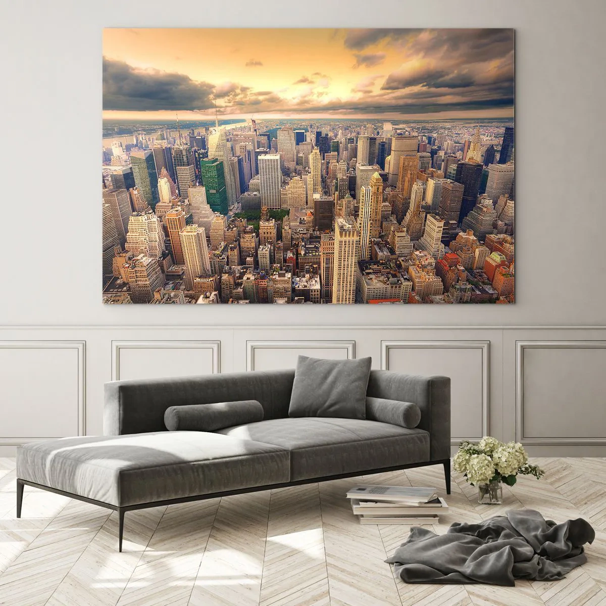 Obraz na skle - Panoráma mesta s mrakodrapmi pri západe slnka - 70x50cm - Pozlátené Metropolis - Moderná nástenná dekorácia do obývacej izby a spálne ARTTOR