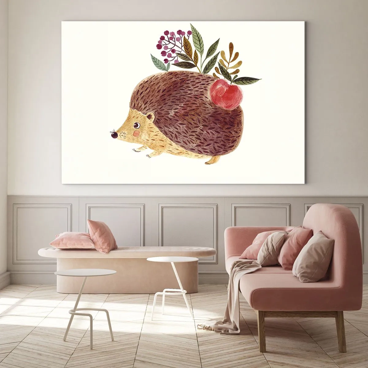 Obraz na skle - Kreslený ježko s jablkom a vetvičkami na chrbte - 70x50cm - A už ma máš rád - Moderná nástenná dekorácia do obývacej izby a spálne ARTTOR