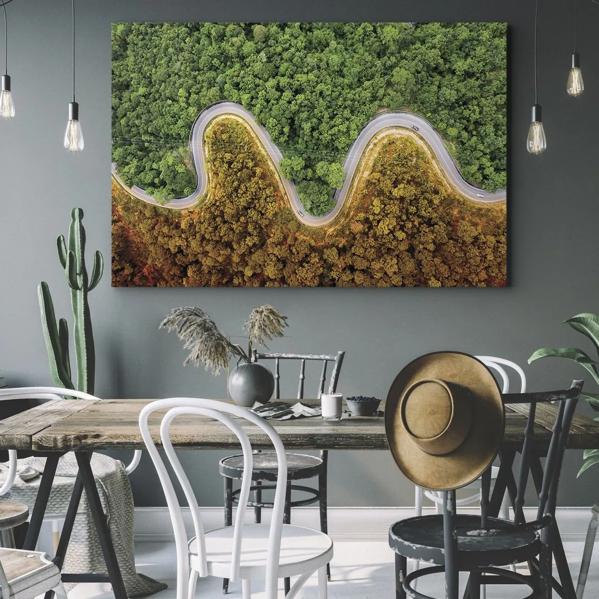 Obraz na plátne - Kľukatá cesta lesom z vtáčej perspektívy - 70x50cm - Hranice a prelomy - Moderná nástenná dekorácia do obývacej izby a spálne ARTTOR
